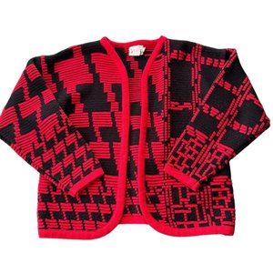 LESLIE‎ FAY GEOMETRIC RED BLACK CARDIGAN SWEATER OVERSIZED WOMAN'S SMALL | A2